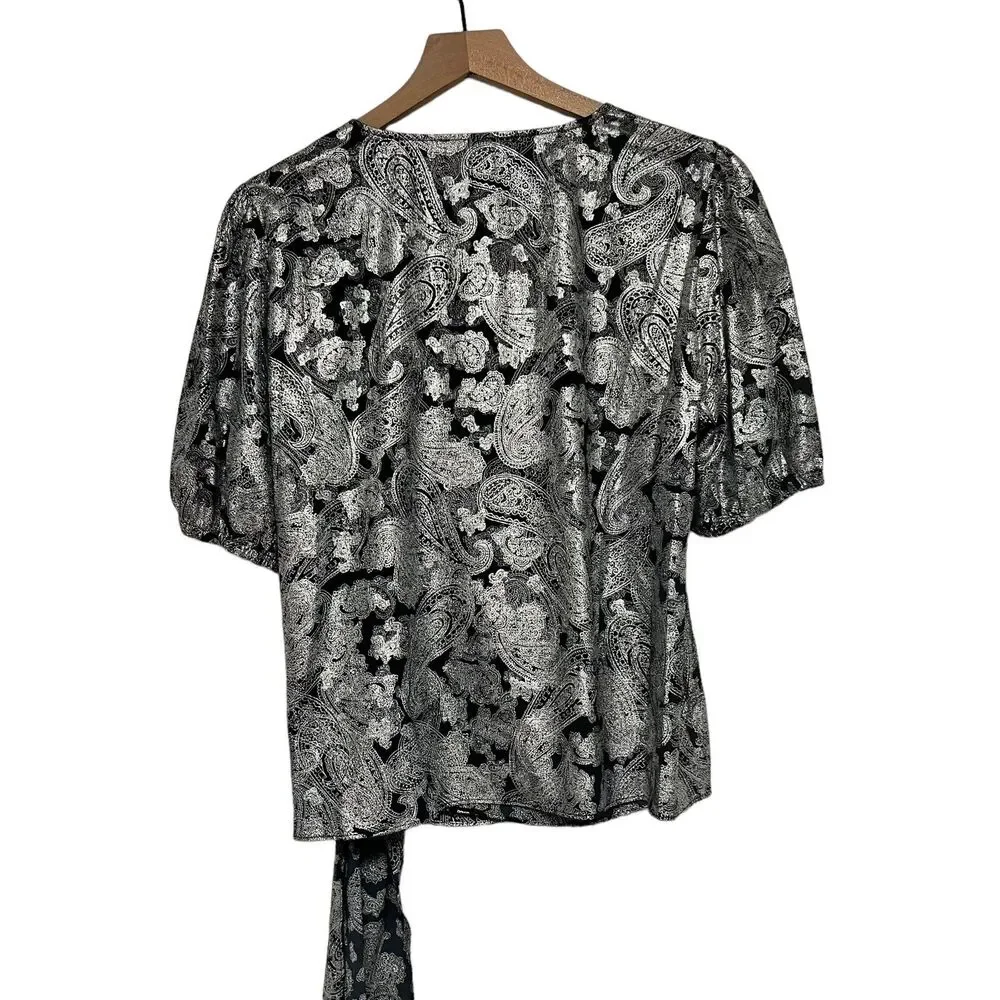 Michael Kors Womens Foil Paisley Wrap Top Size XL Short Sleeve Black Silver